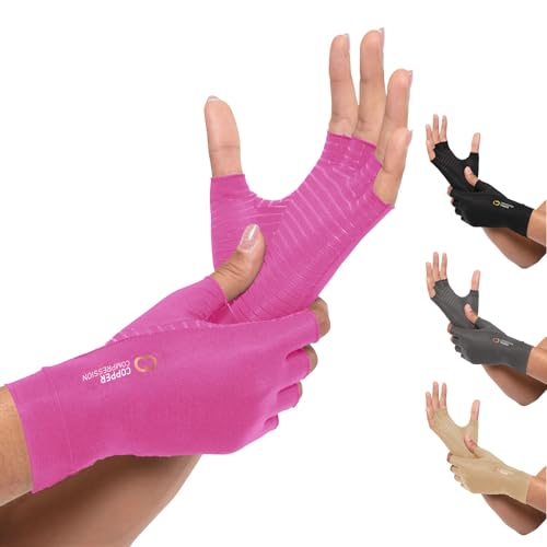 Copper Compression Arthritis Gloves | Fingerless Arthritis Carpal Tunnel Pain Relief for Men & Women | Hand Support Wrist Brace for Neuropathy, Rheumatoid, Tendonitis, Swelling, Crocheting Pink S - color: Pink, size: Small (1 Pair)