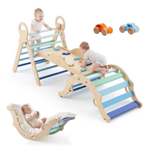 VEVOR Pikler Triangle Set, 9-in-1 Toddler Climbing Toys Indoor, with 2 Wooden Cars, Cushion, Triangle, Arch, and Ramp, 150 lbs Load, Foldable Montessori Climbing Set for Toddlers and Kids, Blue - color: Blue