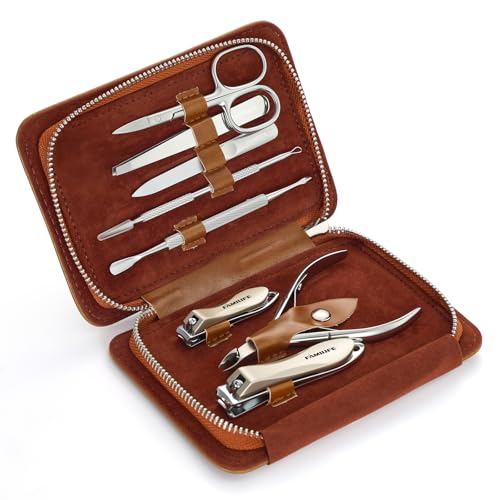 FAMILIFE Manicure Set, Nail Clippers Pedicure Tool, 8 pcs Stainless Steel Manicure Kit Professional Grooming Tool, Nail Kit with Portable Brown Leather Travel Case Luxury Gifts for Men Women - color: Brown-1