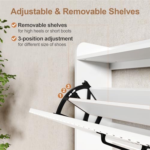 HIFYOBRO Narrow Shoe Storage Cabinet for Entryway, Shoe Cabinet with 2 Flip Drawers, Hidden Shoe Rack with Fluted Panel, Modern Freestanding Shoes Organizer for Hallway (White)