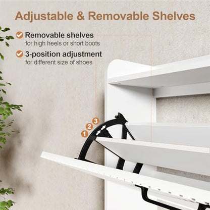 HIFYOBRO Narrow Shoe Storage Cabinet for Entryway, Shoe Cabinet with 2 Flip Drawers, Hidden Shoe Rack with Fluted Panel, Modern Freestanding Shoes Organizer for Hallway (White)