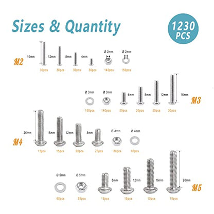 Kadrick 304 Stainless Steel Screws,1230 Pcs M2 M3 M4 M5 Metric Screw Aassortment,4mm-20mm Hex Socket Button Head Cap Bolts Nuts Washers Kit with 4 Hex Wrenches - size: SS M2-M5 1230Pcs