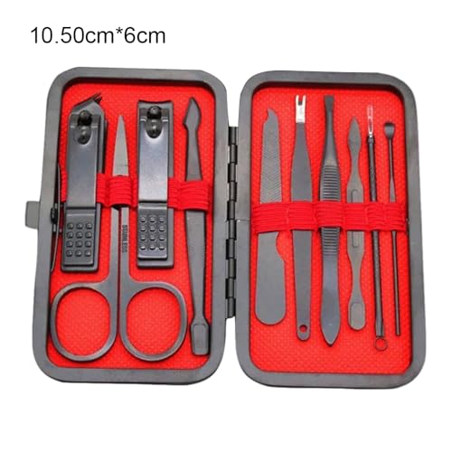 10-Piece Nail Clippers Manicure Tool Set with Portable Travel Case - Professional Cutting Kit, Black Stainless Steel & Carbon Steel, Leather Case with Red Lining - color: Black