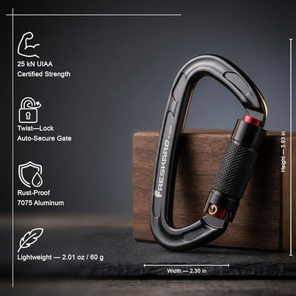FresKaro UIAA Certified 25KN Auto Locking Climbing Carabiner Clips, Twist Lock, and Heavy Duty Carabiners for Rock Climbing, Rappelling, and Mountaineering, D Shaped - color: 2PCS-25KNA