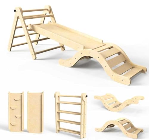 Pikler Triangle Set 7in1 Toddler Climbing Toys Indoor Foldable Baby Climbing Toys Wooden Montessori Climbing Set with Arch, Ramp, Ladder for 1-3 Years, Jungle Gym for Kids (Natural)