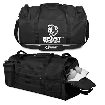 Gym Duffle Bag- Workout, Boxing, MMA, Sports Bag with Shoes Compartment and Adjustable Shoulder Strap for Men and Women (Black) - color: Black