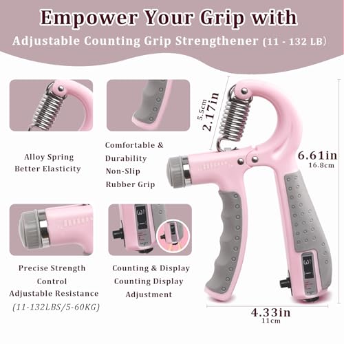 CYFIE Grip Strength Trainer Kit, Adjustable 10-132 lb, Hand Exerciser | Forearm Strengthener, Finger Stretcher, Stress Ball and Bag for Grip Recovery, Wrist Training, Rehab, Climbers and Musicians - color: Pink