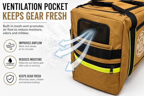Firefighter Turnout Gear Bag – Heavy Duty Fire Resistant Equipment Duffel with Ventilation Pocket, Reflective Striping, Name Holder & Padded Shoulder Strap – Fireman Gear Bag (Khaki)