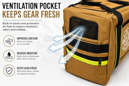 Firefighter Turnout Gear Bag – Heavy Duty Fire Resistant Equipment Duffel with Ventilation Pocket, Reflective Striping, Name Holder & Padded Shoulder Strap – Fireman Gear Bag (Khaki)