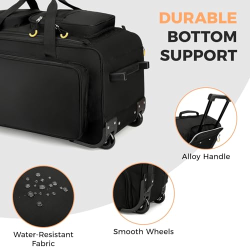 Searock 90L Rolling Duffle Bag with Wheels and Handle, 31” Large Duffle Bag for Travel, Carry On Luggage Duffel Bag with Shoe Compartment, Multi-Pocket, Water Resistant, Black - color: Black
