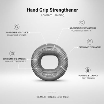 Adjustable Hand Grip Strengthener with TPE Handles for Forearm, Finger & Wrist Training - Portable Fitness Tool - color: Gray
