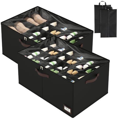 OIAHOMY 2 Pack Shoe Organizer for Closet, Large Foldable Shoe Storage Bins with Dividers and Reinforced Handles, Each Clear Cover Sneaker Box Fits Up to 24 Pairs for Entryway and Bedroom, Black - color: Black, size: X-Large
