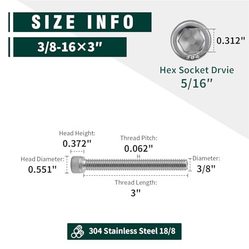 3/8-16 x 3 Socket Head Cap Screw Bolt, 304 Stainless Steel 18-8, Allen Hex Drive, Coarse Thread UNC, 10 PCS - size: 3/8-16 x 3"