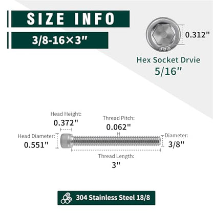 3/8-16 x 3 Socket Head Cap Screw Bolt, 304 Stainless Steel 18-8, Allen Hex Drive, Coarse Thread UNC, 10 PCS - size: 3/8-16 x 3"