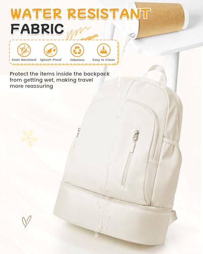 BJLFS Gym Backpack for Women Foldable Outdoor Weekender Gym Bag with Shoe Compartment & Wet Pocket, Waterproof Sports Backpack, Dance Back Pack & Yoga Track Bag-Beige - color: White