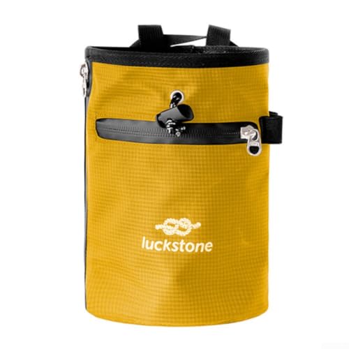 Climbing Chalk Bag with Anti-Leak Drawstring, 420D Oxford Magnesium Powder Bag for Rock Climbing and Weightlifting, Gym Chalk Bucket with Phone Pocket and Adjustable Belt, Blue(Yellow) - size: Yellow