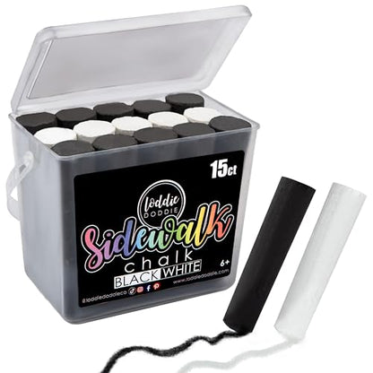 Loddie Doddie Jumbo Chalk Bucket, Sidewalk Chalk, Washable, B&W, 15 Pack | Sidewalk Chalk Bulk, Easy Grip Tapered Sticks, Washable for Easy Cleanup, Sidewalk Chalk for Kids, Outdoor Kids Activities - color: 10 Black. 5 White