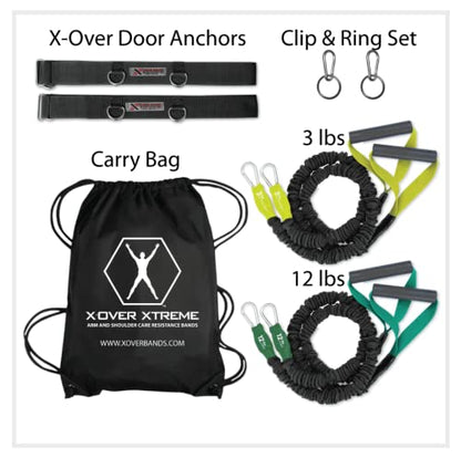 X-Over Home Rehab Gym Bundle Resistance Bands with Clip & Ring Set, Door Anchor Straps & Carry Bag for at-Home Shoulder & Arm Care, Strengthening, Reduce Pain, Injury Prevention, & Recovery - size: Level 1
