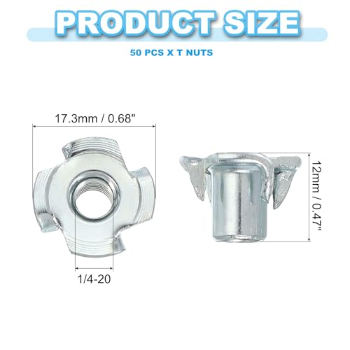 PATIKIL 1/4-20 T-Nuts, 50 Pcs Zinc Plated Steel 4-Pronged Tee Blind Nut 12 mm Length Four-jaw t Nuts Threaded Inserts Hardware for Wood Furniture Cabinetry Rock Climbing Holds - size: 1/4-20x12mm