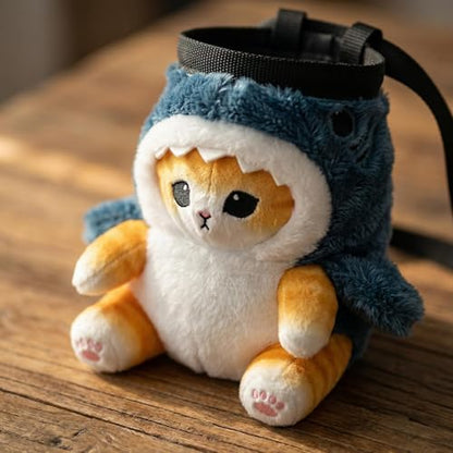 Cat Rock Climbing Chalk Bag, Fun Plush Animal Chalk Pouch with Drawstring, Adjustable Waist Belt for Indoor Outdoor Bouldering Sport Climbing - style: Small Yelllw Shark Cat