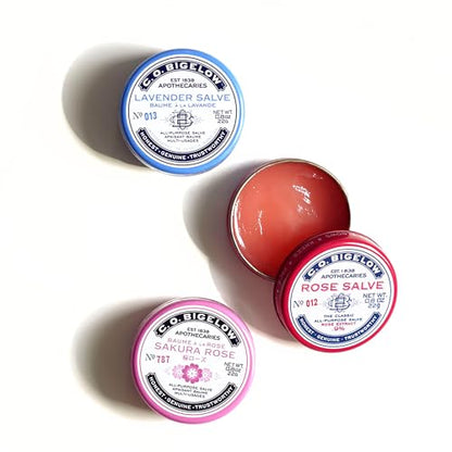C.O. Bigelow Assorted Salve Tins, Rose, Lavender, and Sakura Rose | All Purpose Salve for Lips, Cuticles, Hands & Dry Skin - Lip Balm Set - Multi Purpose Moisture - Travel Friendly Tins