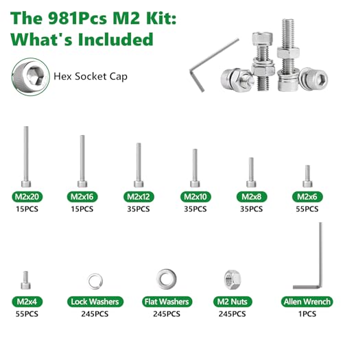 981 Pcs M2 Hex Socket Cap Screws Nuts Washers Wrench Kit, 304 SS | with Flat & Spring Washers & Wrench, for RC Cars, Drones & PC Repair, M2 x 4/6/8/10/12/16/20mm,Clear Label Storage Box - size: SS M2 981pcs 3