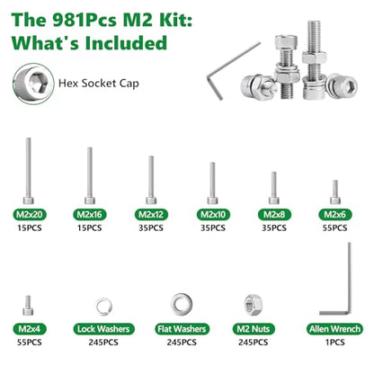981 Pcs M2 Hex Socket Cap Screws Nuts Washers Wrench Kit, 304 SS | with Flat & Spring Washers & Wrench, for RC Cars, Drones & PC Repair, M2 x 4/6/8/10/12/16/20mm,Clear Label Storage Box - size: SS M2 981pcs 3