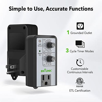 BN-LINK Short Period Repeat Cycle Intermittent Timer, Interval Timer - Day, Night, or 24 Hour Operation, Photocell Light Sensor Dusk to Dawn for Hydroponics Aquaponics Aeroponics