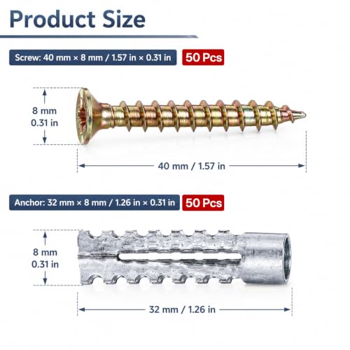 Wall Anchors and Screws Kit, Heavy Duty Concrete Hollow Wall Anchors with Screws, 50 Sets/100 Pieces Expansion Anchorses for Drywall Brick Wood Mounting, Door Hinge Hole Repair