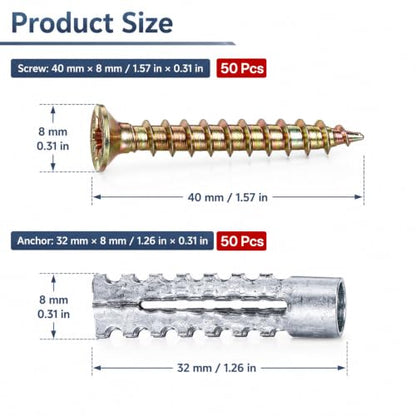 Wall Anchors and Screws Kit, Heavy Duty Concrete Hollow Wall Anchors with Screws, 50 Sets/100 Pieces Expansion Anchorses for Drywall Brick Wood Mounting, Door Hinge Hole Repair