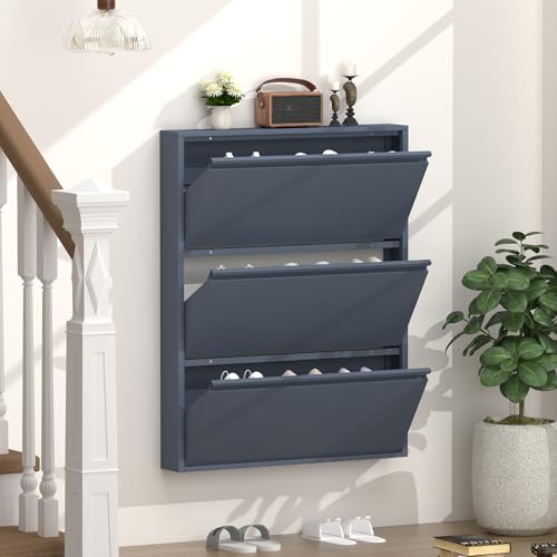 GREATMEET Shoe Cabinet with 3 Flip Drawers, Slim Metal Shoe Cabinet Storage for Entryway, Hidden Narrow Shoe Rack Organizer Cabinets Wall Mount for Living Room, Bedroom, Hallway, Blue - color: Blue, size: 3 Flip Drawers