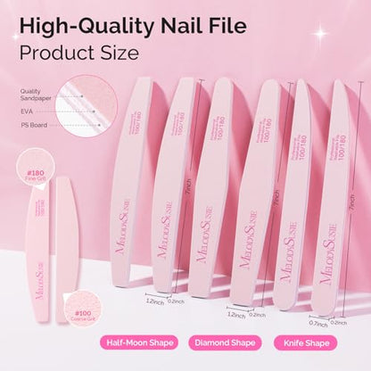 MelodySusie 6Pcs Nail Files 100/180 Grit Emery Boards Set Pink | Double Sided, Acrylic Gel Natural Nails, Professional Manicure Pedicure Shaping Tools, Home and Salon Care - size: 6Pcs Mix Shape