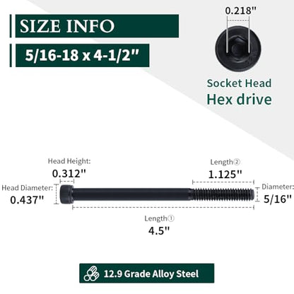 5/16-18 x 4-1/2" Socket Head Cap Screws Bolts, 12.9 Grade Alloy Steel, Black Oxide Finish, Allen Hex Drive, Partial Thread, 6 PCS - size: 5/16-18 x 4-1/2"