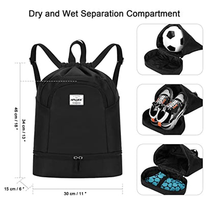 Dry Wet Drawstring Backpack with Shoe Compartment for Women Adjustable Gym Bag - color: Black