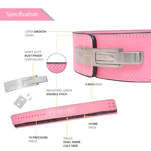 Beast Power Gear Weight Lifting Belt Lever Buckle 10MM 13MM Thick & 4 Inches Free Strap Weightlifting, Powerlifting, Deadlifts, Squats Men Women - color: Solid Pink, size: X-Large