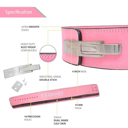 Beast Power Gear Weight Lifting Belt Lever Buckle 10MM 13MM Thick & 4 Inches Free Strap Weightlifting, Powerlifting, Deadlifts, Squats Men Women - color: Solid Pink, size: X-Large