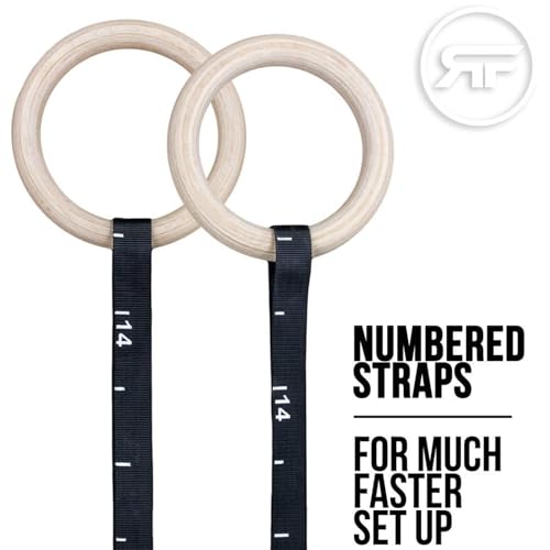 REP Fitness Wood Gymnastic Rings with Numbered Heavy Duty Adjustable Straps - Perfect for Cross-Training Workouts, Gymnastics and Conditioning - size: 1.25", style: 7.5' Straps
