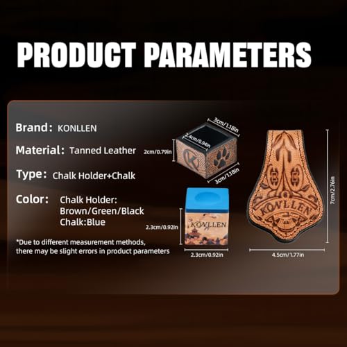KONLLEN Leather Magnetic Chalk Holder, Pool Cue Accessory | Round or square engraved leather holder keeps billiard chalk secure and easy to reach during pool play. - color: VT Holder-Black-Blue chalk