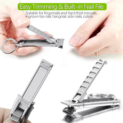 Portable UItra Thin Nail Clippers for Natural Fingernail and Toenails, Stainless Steel Sharp Wide Jaw Folding Travel Finger Nail Cutters with Keychain, Nail File and Earpick Set for Men, Adults - color: Set B