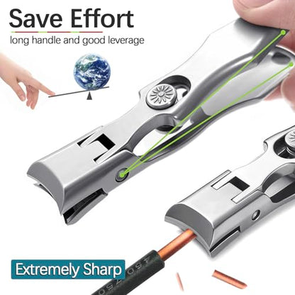Curved & Slanted Nail Clipper Set, Wide Jaw with Folding Safety Lock, Heavy Duty Stainless Steel Toenail Clippers with File & Ear Pick, Anti-Splash for Thick Ingrown Nails for Seniors, Men - color: Curverd & Slanted Set