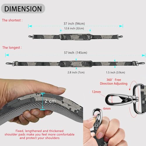 ZINZ Shoulder Strap 58" Ultra-Thick Fixed Padded and Adjustable Buckles Crossbody Strap for Briefcase Laptop Bag Luggage - color: Camouflage Gray