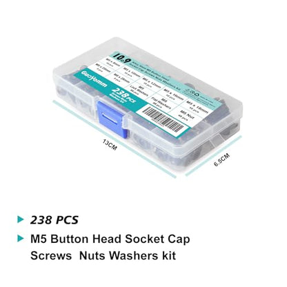 238 PCS M5 x 8mm 10mm 12mm 16mm 18mm 20mm 25mm, Button Head Socket Cap Screws Bolts Washers Nuts Assortment Kit, 10.9 Grade Alloy Steel, Black Oxide Finish, Metric Allen Hex Drive - size: Button M5x8/10/12/16/18/20/25 mm