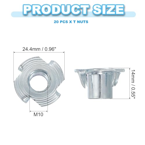 PATIKIL M10 T-Nuts, 20 Pcs Zinc Plated Steel 4-Pronged Tee Blind Nut 14 mm Length Four-jaw t Nuts Threaded Inserts Hardware for Wood Furniture Cabinetry Rock Climbing Holds - size: M10x14 mm