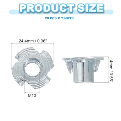PATIKIL M10 T-Nuts, 20 Pcs Zinc Plated Steel 4-Pronged Tee Blind Nut 14 mm Length Four-jaw t Nuts Threaded Inserts Hardware for Wood Furniture Cabinetry Rock Climbing Holds - size: M10x14 mm