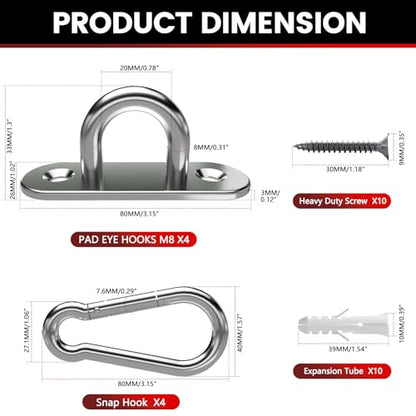 sprookber 304 Stainless Steel Pad Eye Snap Hooks, M8 Heavy Duty Ceiling Hooks, 1200 lb Capacity Hammock Swing Hanging kit, Plant Hangers, Marine Hardware Staple Hook Loop with Screws, Set of 8 - size: 3.15 inch, style: Oval