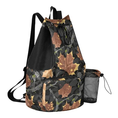 Drawstring Climbing Gym Bag With Pockets Drawstring Bags For Men Women with Wet Dry Compartments Camouflage Maple Leaf Branch Brown Black