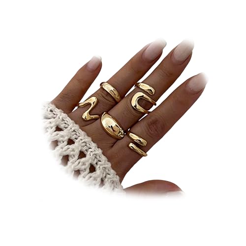 YEEZII Chunky Gold Rings for Women Non Tarnish, 18K Gold Plated Stackable Thumb Ring, Statement Women Rings Set - color: Gold-B-14k