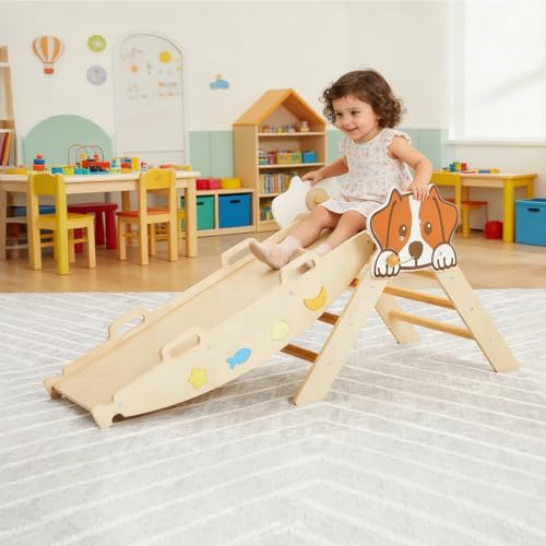 7-in-1 Collapsible Climbing Triangle Climbing Set for Toddlers, Wooden Indoor Jungle Gym Playground with Arch, Ramp & Ladder, Space-Saving, Toddler Climbing Toys, Natural Wood Color - color: Wooden Frame
