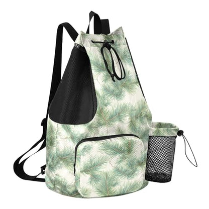 Yuiboo Pine Leafs White Drawstring Gym Bags for Men Women Climbing Gym Bag with Inside Pockets Cinch Sacks Waterproof