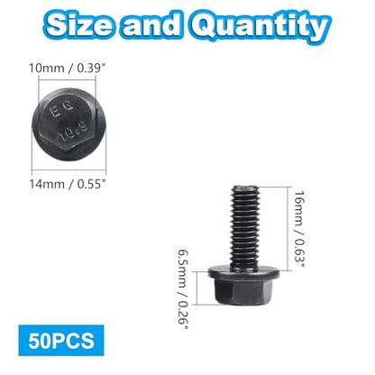 M6-1.0 x 16mm Flanged Hex Head Bolts Flange Hexagon Screws, External Flange Hex Drive Screws,Class 10.9 Black Finish,Alloy Steel, Fully Threaded, 50 PCS - size: M6x16mm